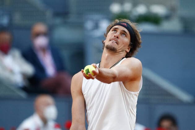 May 6, 2021, MADRID, MADRID, SPAIN: Alexander Zverev of Germany in action during his Men s Singles match, round of 16, against Daniel Evans of Great Britain on the ATP, Tennis Herren Masters 1000 - Mutua Madrid Open 2021 at La Caja Magica on May 6, 2021 in Madrid, Spain. MADRID SPAIN - ZUMAa181 20210506_zaa_a181_215 Copyright: xOscarxJ.xBarrosox