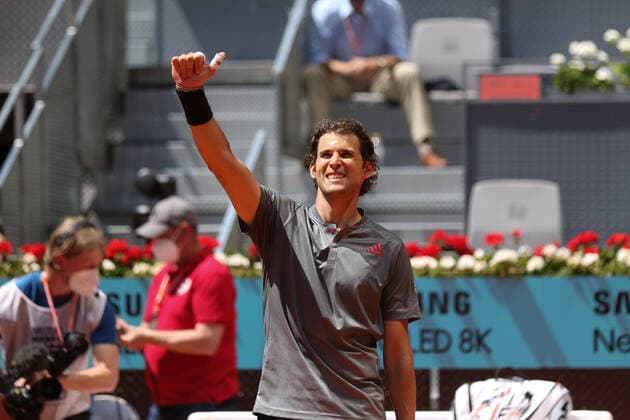 May 6, 2021, MADRID, MADRID, SPAIN: Dominic Thiem of Austria in action during his Men s Singles match, round of 16, against Alex de Minaur of Australia on the ATP, Tennis Herren Masters 1000 - Mutua Madrid Open 2021 at La Caja Magica on May 6, 2021 in Madrid, Spain. MADRID SPAIN - ZUMAa181 20210506_zaa_a181_253 Copyright: xOscarxJ.xBarrosox