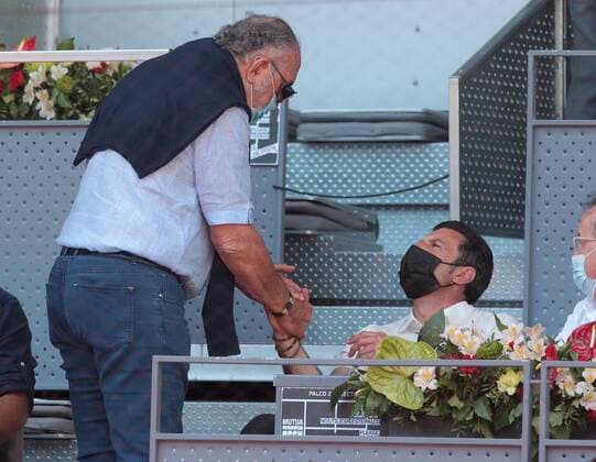 Ion Tiriac and Luis Figo during Mutua Madrid Open Tennis 2021 match. May 6, 2021. (2021050610)