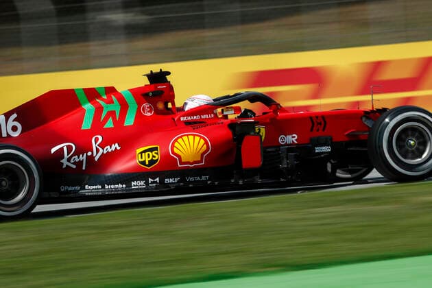 16 LECLERC Charles (mco), Scuderia Ferrari SF21, action during the Formula 1 Aramco Gran Premio De Espana 2021 from May 07 to 10, 2021 on the Circuit de Barcelona-Catalunya, in Montmelo, near Barcelona, Spain FORMULE 1 : Grand prix d Espagne - Barcelone - Essais - 07 05 2021 DPPI Panoramic 