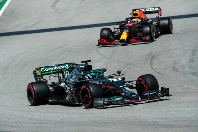 18 STROLL Lance (can), Aston Martin F1 AMR21, action 33 VERSTAPPEN Max (nld), Red Bull Racing Honda RB16B, action during the Formula 1 Aramco Gran Premio De Espana 2021 from May 07 to 10, 2021 on the Circuit de Barcelona-Catalunya, in Montmelo, near Barcelona, Spain FORMULE 1 : Grand prix d Espagne - Barcelone - Essais - 07 05 2021 DPPI Panoramic 