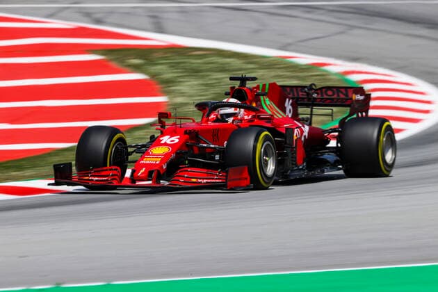 16 LECLERC Charles (mco), Scuderia Ferrari SF21, action during the Formula 1 Aramco Gran Premio De Espana 2021 from May 07 to 10, 2021 on the Circuit de Barcelona-Catalunya, in Montmelo, near Barcelona, Spain - FORMULE 1 : Grand prix d Espagne - Barcelone - Essais - 07 05 2021 DPPI Panoramic 