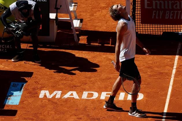 Alexander Zverev of Germany reacts against Rafa Nadal of Spain during the Mutua Madrid Open quarterfinal match against held in Madrid, Spain, 07 May 2021. Mutua Madrid Open tennis tournament !ACHTUNG: NUR REDAKTIONELLE NUTZUNG!  Copyright: xChemaxMoyax GRAF1673 20210507-637560066591005342