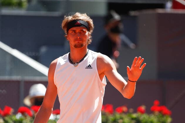 May 7, 2021, MADRID, MADRID, SPAIN: Alexander Zverev of Germany in action during his Men s Singles match, Quarter of Finals, against Rafael Nadal of Spain on the ATP, Tennis Herren Masters 1000 - Mutua Madrid Open 2021 at La Caja Magica on May 7, 2021 in Madrid, Spain. MADRID SPAIN - ZUMAa181 20210507_zaa_a181_018 Copyright: xOscarxJ.xBarrosox
