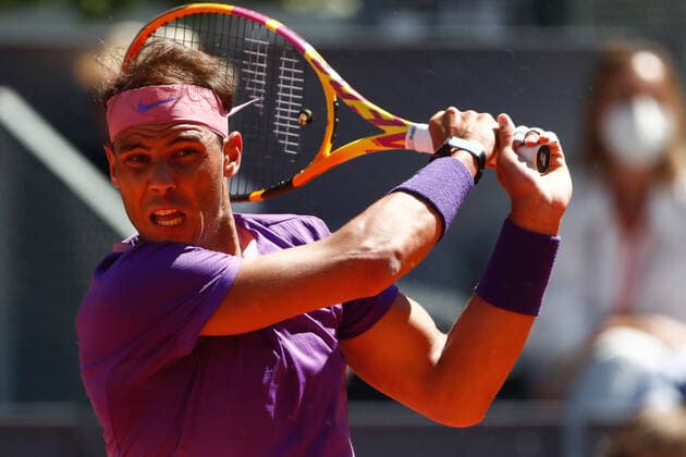 May 7, 2021, MADRID, MADRID, SPAIN: Rafael Nadal of Spain in action during his Men s Singles match, Quarter of Finals, against Alexander Zverev of Germany on the ATP, Tennis Herren Masters 1000 - Mutua Madrid Open 2021 at La Caja Magica on May 7, 2021 in Madrid, Spain. MADRID SPAIN - ZUMAa181 20210507_zaa_a181_019 Copyright: xOscarxJ.xBarrosox