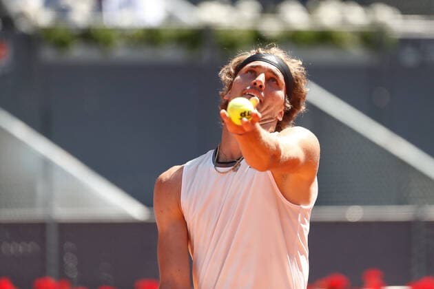 May 7, 2021, MADRID, MADRID, SPAIN: Alexander Zverev of Germany in action during his Men s Singles match, Quarter of Finals, against Rafael Nadal of Spain on the ATP, Tennis Herren Masters 1000 - Mutua Madrid Open 2021 at La Caja Magica on May 7, 2021 in Madrid, Spain. MADRID SPAIN - ZUMAa181 20210507_zaa_a181_022 Copyright: xOscarxJ.xBarrosox