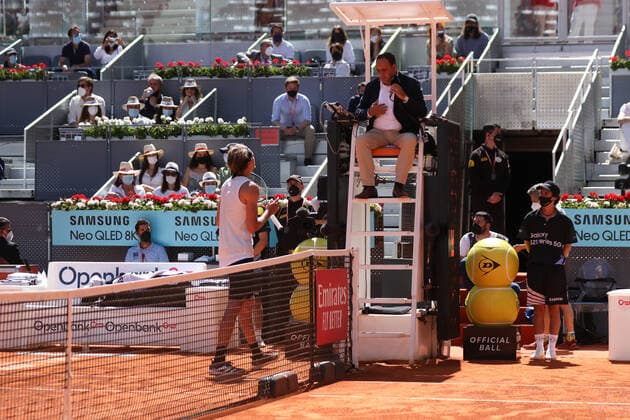 May 7, 2021, MADRID, MADRID, SPAIN: Alexander Zverev of Germany in action during his Men s Singles match, Quarter of Finals, against Rafael Nadal of Spain on the ATP, Tennis Herren Masters 1000 - Mutua Madrid Open 2021 at La Caja Magica on May 7, 2021 in Madrid, Spain. MADRID SPAIN - ZUMAa181 20210507_zaa_a181_024 Copyright: xOscarxJ.xBarrosox