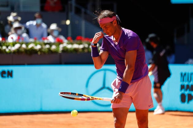 May 7, 2021, MADRID, MADRID, SPAIN: Rafael Nadal of Spain in action during his Men s Singles match, Quarter of Finals, against Alexander Zverev of Germany on the ATP, Tennis Herren Masters 1000 - Mutua Madrid Open 2021 at La Caja Magica on May 7, 2021 in Madrid, Spain. MADRID SPAIN - ZUMAa181 20210507_zaa_a181_033 Copyright: xOscarxJ.xBarrosox
