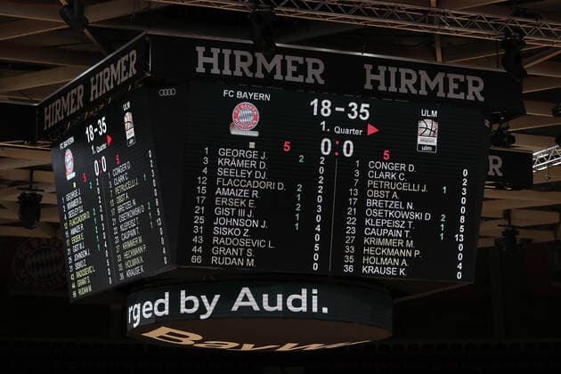 Intermediate score after the first quarter GER, FC Bayern Basketball vs ratiopharm ulm, Basketball, 1 Bundesliga, Season 2020 2021, 07 05 2021, GER, FC Bayern Basketball vs ratiopharm ulm, Basketball, 1 Bundesliga, Season 2020 2021, 07 05 2021, Munich Copyright: xEIBNER MarcelxEngelbrechtx EP_EER