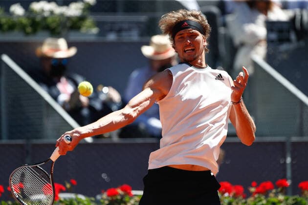 May 7, 2021, MADRID, MADRID, SPAIN: Alexander Zverev of Germany in action during his Men s Singles match, Quarter of Finals, against Rafael Nadal of Spain on the ATP, Tennis Herren Masters 1000 - Mutua Madrid Open 2021 at La Caja Magica on May 7, 2021 in Madrid, Spain. MADRID SPAIN - ZUMAa181 20210507_zaa_a181_057 Copyright: xOscarxJ.xBarrosox