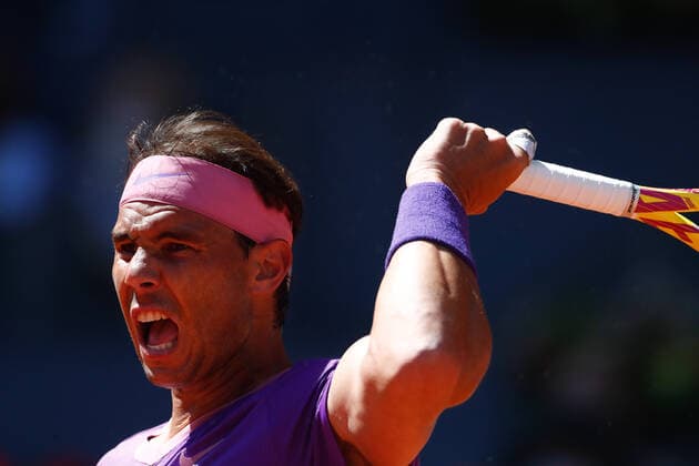 May 7, 2021, MADRID, MADRID, SPAIN: Rafael Nadal of Spain in action during his Men s Singles match, Quarter of Finals, against Alexander Zverev of Germany on the ATP, Tennis Herren Masters 1000 - Mutua Madrid Open 2021 at La Caja Magica on May 7, 2021 in Madrid, Spain. MADRID SPAIN - ZUMAa181 20210507_zaa_a181_060 Copyright: xOscarxJ.xBarrosox