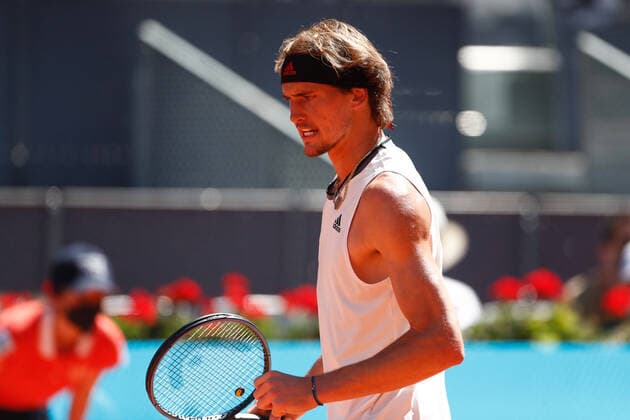 May 7, 2021, MADRID, MADRID, SPAIN: Alexander Zverev of Germany in action during his Men s Singles match, Quarter of Finals, against Rafael Nadal of Spain on the ATP, Tennis Herren Masters 1000 - Mutua Madrid Open 2021 at La Caja Magica on May 7, 2021 in Madrid, Spain. MADRID SPAIN - ZUMAa181 20210507_zaa_a181_061 Copyright: xOscarxJ.xBarrosox