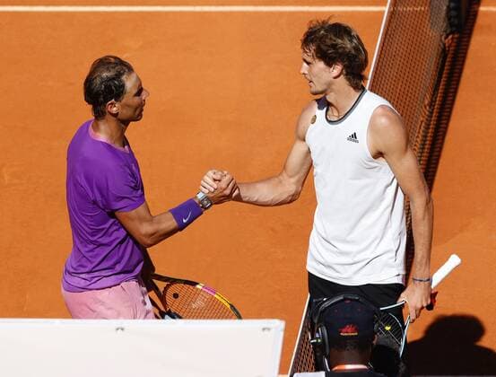 Rafael Nadal, Spain, (l) and Alexander Zverev, Germany, during Mutua Madrid Open Tennis 2021 match. May 7, 2021. (2021050734)