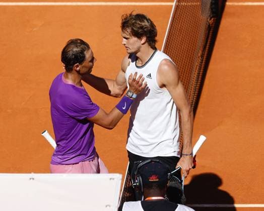 Rafael Nadal, Spain, (l) and Alexander Zverev, Germany, during Mutua Madrid Open Tennis 2021 match. May 7, 2021. (2021050735)