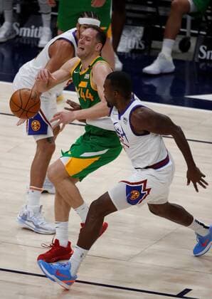 Utah Jazz forward Bojan Bogdanovic (44), is in action against Denver Nuggets forward Aaron Gordon (L) and Denver Nuggets forward Paul Millsap (4), during an NBA, Basketball Herren, USA game between Utah Jazz and Denver Nuggets at the Vivint Smart Home Arena in Salt Lake City, Utah, USA, 07 May 2021. Utah Jazz vs. Denver Nuggets !ACHTUNG: NUR REDAKTIONELLE NUTZUNG!  Copyright: xGEORGExFREYx AME6148 20210508-637560496141214838