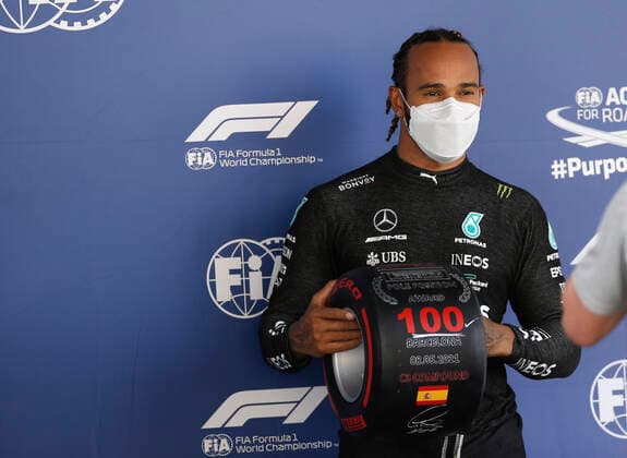44 Lewis Hamilton GBR, Mercedes AMG Petronas F1 Team celebrates his 100th pole position, F1 Grand Prix of Spain at Circuit de Barcelona Catalunya on May 8, 2021 in Barcelona, Spain Photo by HOCH ZWEI Barcelona Spain