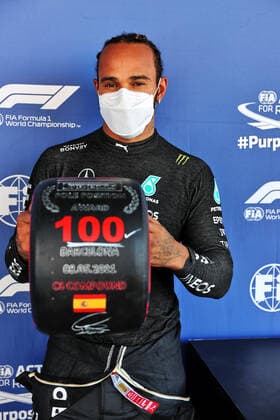 F1 Grand Prix of Spain 44 Lewis Hamilton (GBR, Mercedes-AMG Petronas F1 Team) celebrates his 100th pole position, F1 Grand Prix of Spain at Circuit de Barcelona-Catalunya on May 8, 2021 in Barcelona, Spain. (Photo by xpbimages.com XPB Images FIA Pool via HOCH ZWEI) Barcelona Spain Poolfoto HOCH ZWEI Pool XPB Images ,EDITORIAL USE ONLY
