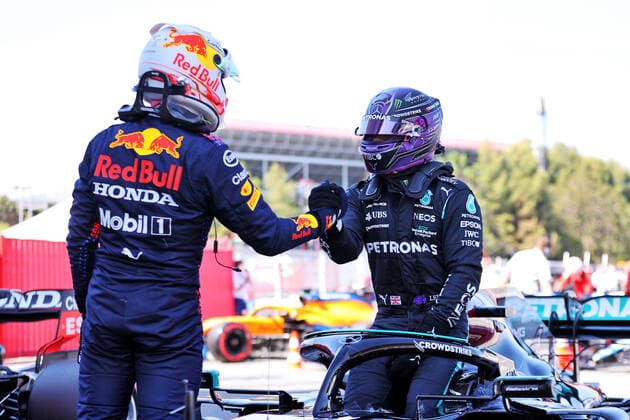 F1 Grand Prix of Spain 33 Max Verstappen (NED, Red Bull Racing), 44 Lewis Hamilton (GBR, Mercedes-AMG Petronas F1 Team), F1 Grand Prix of Spain at Circuit de Barcelona-Catalunya on May 8, 2021 in Barcelona, Spain. (Photo by xpbimages.com XPB Images FIA Pool via HOCH ZWEI) Barcelona Spain Poolfoto HOCH ZWEI Pool XPB Images ,EDITORIAL USE ONLY