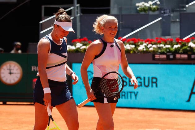 May 8, 2021, MADRID, MADRID, SPAIN: Barbora Krejcikova and Katerina Siniakova of Czech Republic celebrate after winning their Women s Doubles match, Finals, against Gabriela Dabrowski of Canada and Demi Schuurs of The Netherlands on the WTA, Tennis Damen 1000 - Mutua Madrid Open 2021 at La Caja Magica on May 8, 2021 in Madrid, Spain. MADRID SPAIN - ZUMAa181 20210508_zaa_a181_129 Copyright: xOscarxJ.xBarrosox