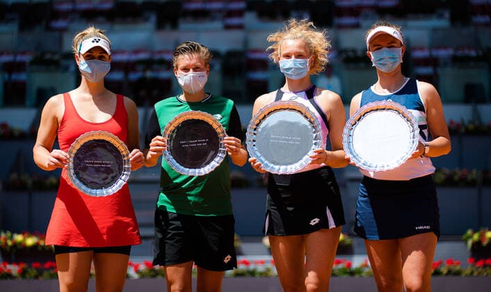 May 8, 2021, MADRID, MADRID, SPAIN: Gabriela Dabrowski of Canada & Demi Schuurs of the Netherlands and Katerina Siniakova &Barbora Krejcikova of the Czech Republic with their trophies after the doubles final of the 2021 Mutua Madrid Open WTA, Tennis Damen 1000 tournament MADRID SPAIN - ZUMAa181 20210508_zaa_a181_163 Copyright: xRobxPrangex