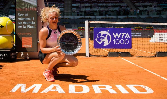 May 8, 2021, MADRID, MADRID, SPAIN: Katerina Siniakova of the Czech Republic with her champions trophy after winning the doubles final of the 2021 Mutua Madrid Open WTA, Tennis Damen 1000 tournament MADRID SPAIN - ZUMAa181 20210508_zaa_a181_166 Copyright: xRobxPrangex