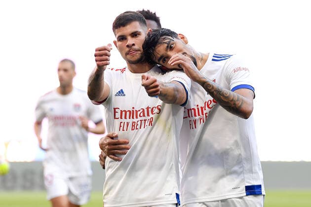 JOIE - FAIR PLAY - 39 BRUNO GUIMARAES (OL) - 12 LUCAS TOLENTINO COELHO DE LIMA PAQUETA (OL) FOOTBALL : Lyon vs Lorient - Ligue 1 Uber Eats - 08 05 2021 FEP Panoramic 