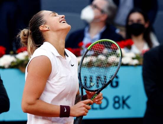 Aryna Sabalenka of Belarus celebrates after defeating Ashleigh Barty of Australia in their final match at the Mutua Madrid Open tennis ?tournament in Madrid, central Spain, 08 May 2021. Aryna Sabalenka - Ashleigh Barty !ACHTUNG: NUR REDAKTIONELLE NUTZUNG!  Copyright: xChemaxMoyax GRAF2644 20210508-637561027605811149