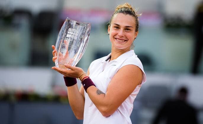 Mandatory Credit: Photo by Rob Prange Shutterstock (11888299bb) Aryna Sabalenka of Belarus with the champions trophy after winning the final of the 2021 Mutua Madrid Open WTA, Tennis Damen 1000 tournament Mutua Madrid Open, Tennis, La Caja Magica, Madrid, Spain - 08 May 2021 Mutua Madrid Open, Tennis, La Caja Magica, Madrid, Spain - 08 May 2021  Copyright: xRobxPrange Shutterstockx 11888299bb