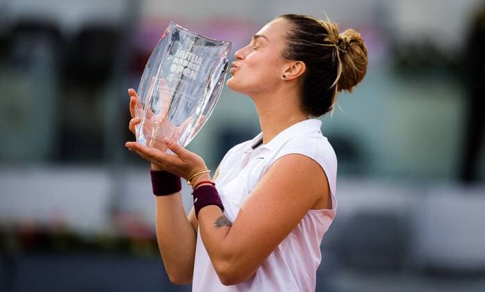 Mandatory Credit: Photo by Rob Prange Shutterstock (11888299az) Aryna Sabalenka of Belarus with the champions trophy after winning the final of the 2021 Mutua Madrid Open WTA, Tennis Damen 1000 tournament Mutua Madrid Open, Tennis, La Caja Magica, Madrid, Spain - 08 May 2021 Mutua Madrid Open, Tennis, La Caja Magica, Madrid, Spain - 08 May 2021  Copyright: xRobxPrange Shutterstockx 11888299az