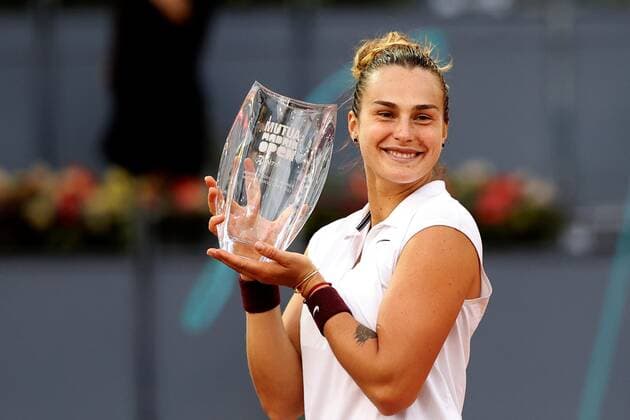 Aryna Sabalenka of Belarus celebrates with her trophy after winning the final match at the Mutua Madrid Open tennis ?tournament in Madrid, central Spain, 08 May 2021. Aryna Sabalenka - Ashleigh Barty !ACHTUNG: NUR REDAKTIONELLE NUTZUNG!  Copyright: xChemaxMoyax GRAF2685 20210508-637561039591845396