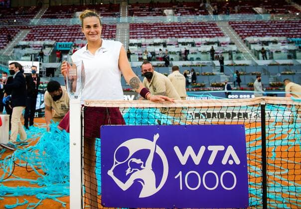 Mandatory Credit: Photo by Rob Prange Shutterstock (11888299bc) Aryna Sabalenka of Belarus with the champions trophy after winning the final of the 2021 Mutua Madrid Open WTA, Tennis Damen 1000 tournament Mutua Madrid Open, Tennis, La Caja Magica, Madrid, Spain - 08 May 2021 Mutua Madrid Open, Tennis, La Caja Magica, Madrid, Spain - 08 May 2021  Copyright: xRobxPrange Shutterstockx 11888299bc