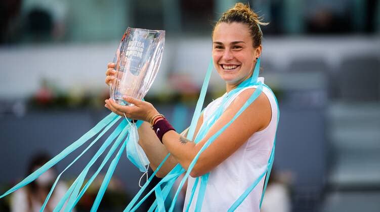 Mandatory Credit: Photo by Rob Prange Shutterstock (11888299bh) Aryna Sabalenka of Belarus with the champions trophy after winning the final of the 2021 Mutua Madrid Open WTA, Tennis Damen 1000 tournament Mutua Madrid Open, Tennis, La Caja Magica, Madrid, Spain - 08 May 2021 Mutua Madrid Open, Tennis, La Caja Magica, Madrid, Spain - 08 May 2021  Copyright: xRobxPrange Shutterstockx 11888299bh