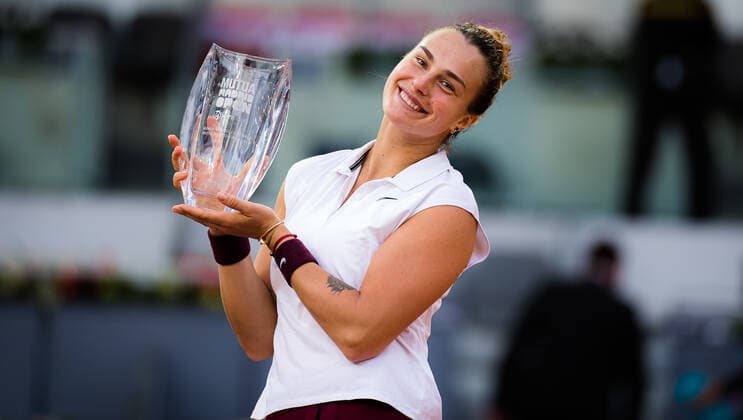 May 8, 2021, MADRID, MADRID, SPAIN: Aryna Sabalenka of Belarus with the champions trophy after winning the final of the 2021 Mutua Madrid Open WTA, Tennis Damen 1000 tournament against Ashleigh Barty of Australia MADRID SPAIN - ZUMAa181 20210508_zaa_a181_335 Copyright: xRobxPrangex