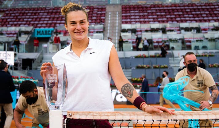 May 8, 2021, MADRID, MADRID, SPAIN: Aryna Sabalenka of Belarus with the champions trophy after winning the final of the 2021 Mutua Madrid Open WTA, Tennis Damen 1000 tournament against Ashleigh Barty of Australia MADRID SPAIN - ZUMAa181 20210508_zaa_a181_339 Copyright: xRobxPrangex
