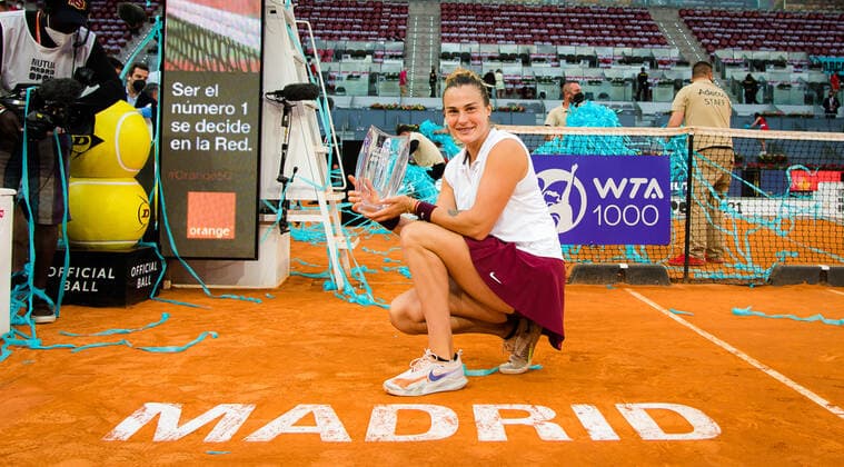 May 8, 2021, MADRID, MADRID, SPAIN: Aryna Sabalenka of Belarus with the champions trophy after winning the final of the 2021 Mutua Madrid Open WTA, Tennis Damen 1000 tournament against Ashleigh Barty of Australia MADRID SPAIN - ZUMAa181 20210508_zaa_a181_341 Copyright: xRobxPrangex