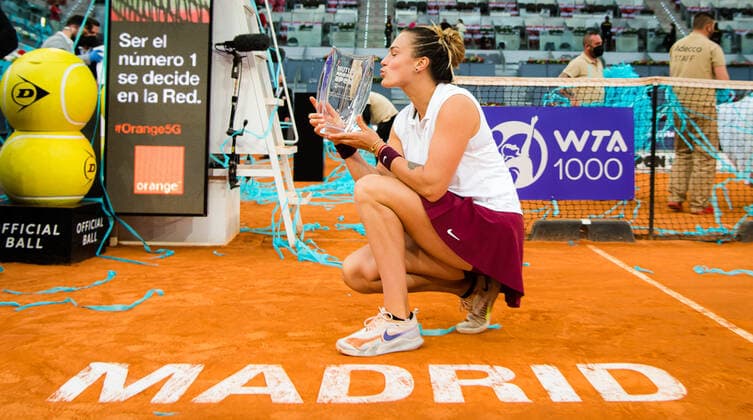 May 8, 2021, MADRID, MADRID, SPAIN: Aryna Sabalenka of Belarus with the champions trophy after winning the final of the 2021 Mutua Madrid Open WTA, Tennis Damen 1000 tournament against Ashleigh Barty of Australia MADRID SPAIN - ZUMAa181 20210508_zaa_a181_342 Copyright: xRobxPrangex