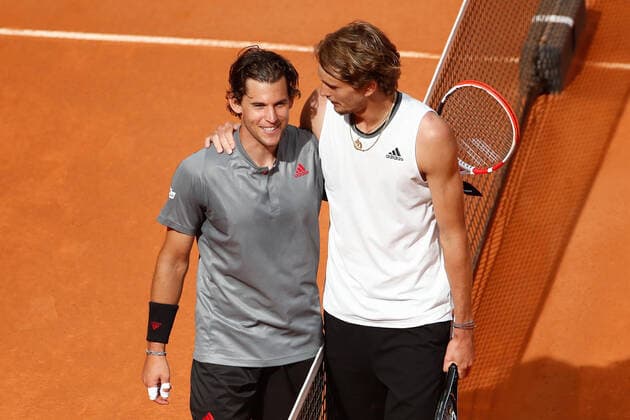 May 8, 2021, MADRID, MADRID, SPAIN: Alexander Zverev of Germany saludates to Dominic Thiem of Austria after winning his Men s Singles match, Semifinals, on the ATP, Tennis Herren Masters 1000 - Mutua Madrid Open 2021 at La Caja Magica on May 8, 2021 in Madrid, Spain. MADRID SPAIN - ZUMAa181 20210508_zaa_a181_384 Copyright: xOscarxJ.xBarrosox