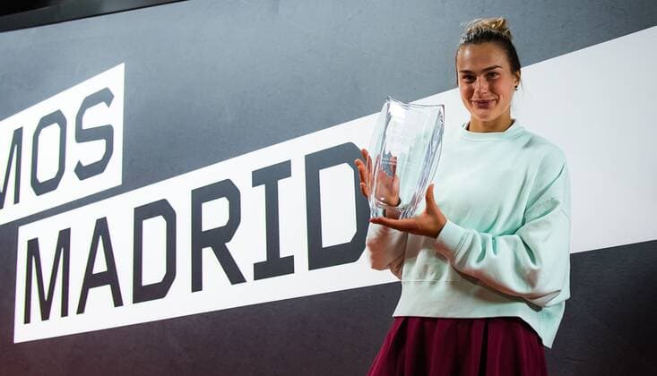 Mandatory Credit: Photo by Rob Prange Shutterstock (11888299cr) Aryna Sabalenka of Belarus with her trophy after winning the final of the 2021 Mutua Madrid Open WTA, Tennis Damen 1000 tournament Mutua Madrid Open, Tennis, La Caja Magica, Madrid, Spain - 08 May 2021 Mutua Madrid Open, Tennis, La Caja Magica, Madrid, Spain - 08 May 2021  Copyright: xRobxPrange Shutterstockx 11888299cr