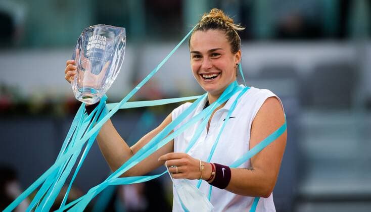 Mandatory Credit: Photo by Rob Prange Shutterstock (11888299cd) Aryna Sabalenka of Belarus with the champions trophy after winning the final of the 2021 Mutua Madrid Open WTA, Tennis Damen 1000 tournament Mutua Madrid Open, Tennis, La Caja Magica, Madrid, Spain - 08 May 2021 Mutua Madrid Open, Tennis, La Caja Magica, Madrid, Spain - 08 May 2021  Copyright: xRobxPrange Shutterstockx 11888299cd