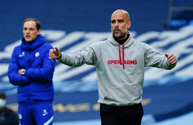 Mandatory Credit: Photo by Javier Garcia BPI Shutterstock (11893130hp) Manchester City Manager Pep Guardiola in front of Chelsea Manager Thomas Tuchel Manchester City v Chelsea, Premier League, Football, The Etihad Stadium, Manchester, UK - 08 May 2021 EDITORIAL USE ONLY No use with unauthorised audio, video, data, fixture lists, club league logos or live services. Online in-match use limited to 120 images, no video emulation. No use in betting, games or single club league player publications. Manchester City v Chelsea, Premier League, Football, The Etihad Stadium, Manchester, UK - 08 May 2021 EDITORIAL USE ONLY No use with unauthorised audio, video, data, fixture lists, club league logos or live services. Online in-match use limited to 120 images, no video emulation. No use in betting, games or single club league player publications.  Copyright: xJavierxGarcia BPI Shutterstockx 11893130hp