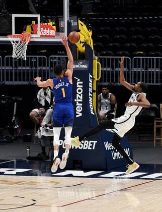 Denver Nuggets forward Michael Porter Jr. 1 (L) goes up and blocks the shot of Brooklyn Nets forward Kevin Durant 7 (R) during the second quarter at the Ball Arena in Denver, CO, USA, 08 May 2021. Denver Nuggets - Brooklyn Nets !ACHTUNG: NUR REDAKTIONELLE NUTZUNG!  Copyright: xToddxPiersonx AME6327 20210509-637561366802494204