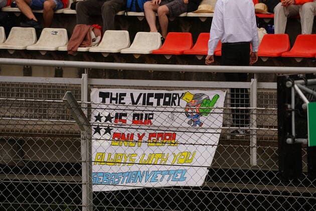 F1 Aramco Grand Prix of Spain 2021 09 05 2021, Circuit de Catalunya, Barcelona, F1 Aramco Grand Prix of Spain 2021 , in the picture 1000 spectators are allowed at the Grand Prix in Spain, all sitting on the main grandstand A poster of a Sebastian Vettel fan nordphotoxGmbHx xBratic nph00250