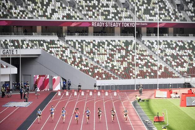 Athletics: Olympic test event An Olympic test event for athletics is held at an empty National Stadium in Tokyo on May 9, 2021, with spectators not allowed due to the coronavirus pandemic. 