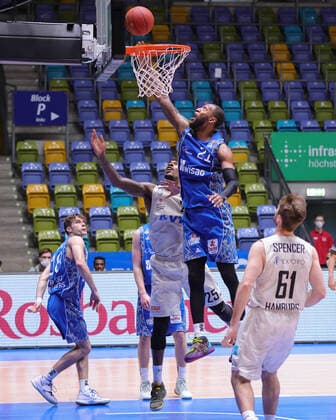 Fraport Skyliners Hamburg Towers, easyCredit BBL Rebound by Kamari Murphy Fraport Skyliners, 21 vs Terry Allen Hamburg Towers, 25 Basketball match of easyCredit BBL between Fraport Skyliners and Hamburg Towers on May 9, 2021 at Fraport Arena in Frankfurt am Main , Frankfurt am Main Hesse Germany Fraport Arena