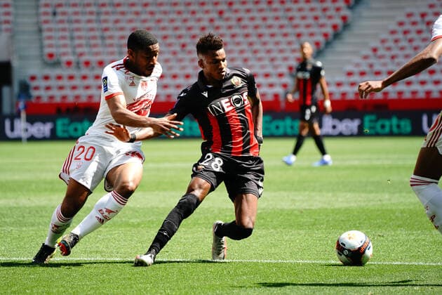 Hicham Boudaoui (OGC Nice) - Ronael Pierre Gabriel (Brest) FOOTBALL : OGC Nice vs Brest - Ligue 1 Uber Eats - Nice - 09 05 2021 NorbertScanella PanoramiC 