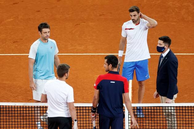 Marcel Granollers of Spain (2-R) and Horacio Zeballos (L) of Argentina before the men s double final against Mate Pavic (C) and Nikola Mektic (2-L) of Croatia at the Mutua Madrid Open tennis tou?rnament in Madrid, Spain, 09 May 2021. Mutua Madrid Open tennis tou?rnament !ACHTUNG: NUR REDAKTIONELLE NUTZUNG!  Copyright: xChemaxMoyax GRAF3251 20210509-637561755299412021