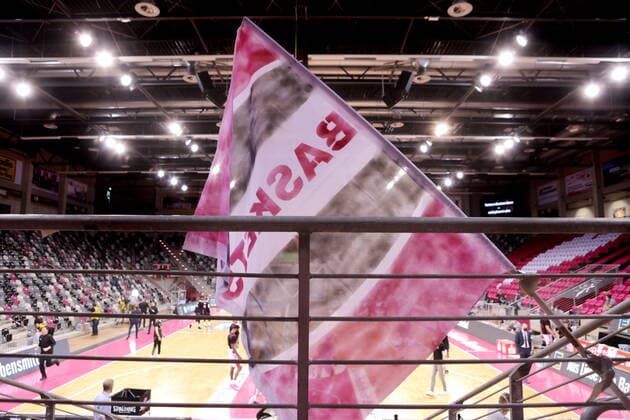 Empty stands with posters of the fans 100 Herzblut Heartberg at the game Telekom Baskets Bonn vs ratiopharm Ulm easyCredit BBL 1 Bundesliga , season 2020 2021 , 34 matchday.