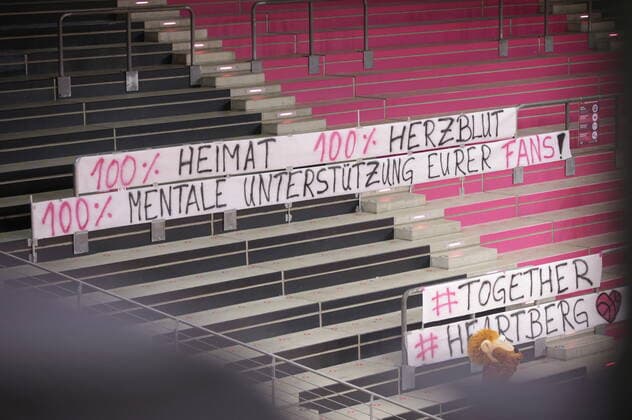Empty stands with posters of the fans 100 Herzblut Heartberg at the game Telekom Baskets Bonn vs ratiopharm Ulm easyCredit BBL 1 Bundesliga , season 2020 2021 , 34 matchday.