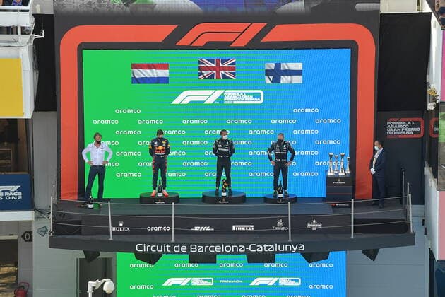 F1 Aramco Grand Prix of Spain 2021 09 05 2021, Circuit de Catalunya, Barcelona, F1 Aramco Grand Prix of Spain 2021 , in picture winner Lewis Hamilton GBR 44 , Mercedes AMG Petronas Formula One Team, 2nd place for Max Verstappen NEL 33 , Red Bull Racing Honda, 3rd place for Valtteri Bottas FIN 77 , Mercedes AMG Petronas Formula One Team nordphotoxGmbHx xBratic nph00250