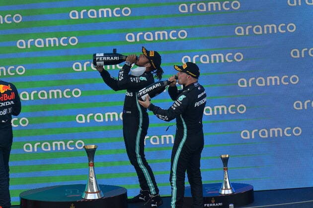 F1 Aramco Grand Prix of Spain 2021 09 05 2021, Circuit de Catalunya, Barcelona, F1 Aramco Grand Prix of Spain 2021 , in picture winner Lewis Hamilton GBR 44 , Mercedes AMG Petronas Formula One Team, 2nd place for Max Verstappen NEL 33 , Red Bull Racing Honda, 3rd place for Valtteri Bottas FIN 77 , Mercedes AMG Petronas Formula One Team nordphotoxGmbHx xBratic nph00250